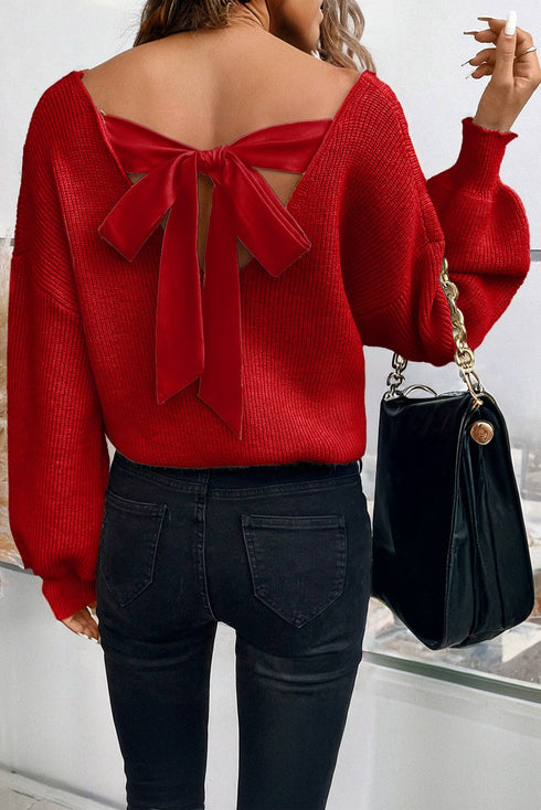 V Neck Lantern Sleeve Knot Back Sweater